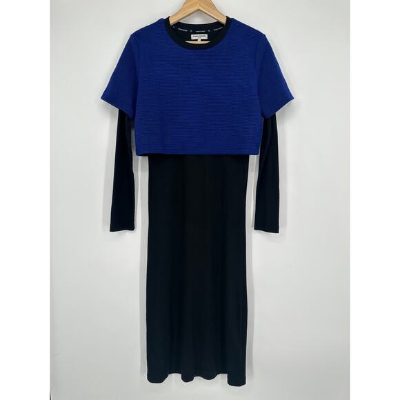 Opening Ceremony Layered Knit Dress Long Sleeve Crew Neck Midi Black Blue - Picture 1 of 12